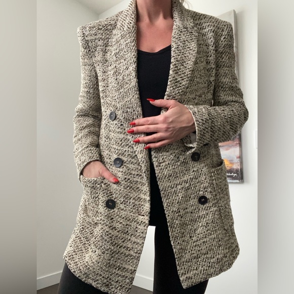 ZARA Double Breasted Relaxed Tweed Blazer - Picture 4 of 13